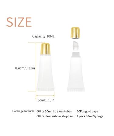 60 Pcs 10ml Gold Top Lip Gloss Tubes | Refillable Soft Squeeze Containers for DIY Balm | Cosmetic Syringe Included | Gold - Buy Online on SooperMarket.com