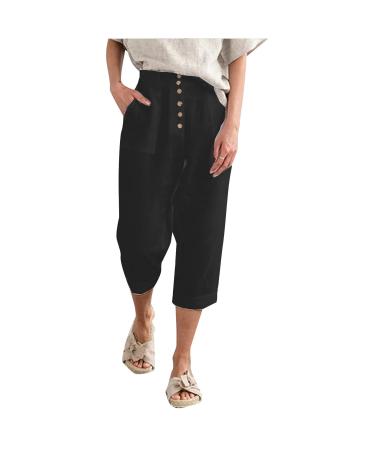 Gufesf Women's Cotton Linen Palazzo Pants Summer Wide Leg Long Trousers with Pockets Crop Pants for Women Dressy Casual Black Small