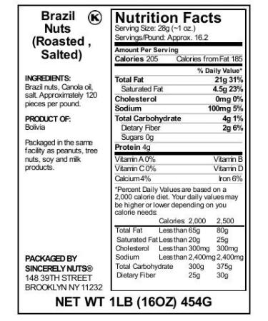 Sincerely Nuts Roasted and Salted Brazil Nuts - 1 lb. Bag | Healthy Kosher Vegan Gluten Free Snack | Protein & Vitamin Rich Gourmet Food - Buy Online on SooperMarket.com