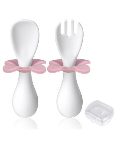 Vicloon Baby Fork and Spoon Infant Self Baby Spoon Fork Self Feeding Utensil Set Baby Cutlery Feeding Set Toddler Utensils Spoons Forks for Kids Self Feeding(White Flowers)