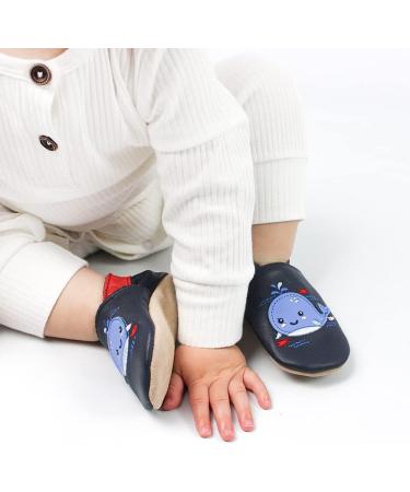 Dotty Fish Soft Leather Toddler Shoes | Non-Slip Animal Designs for Boys & Girls | Navy Whale | 3-4 Years - Buy Online on SooperMarket.com