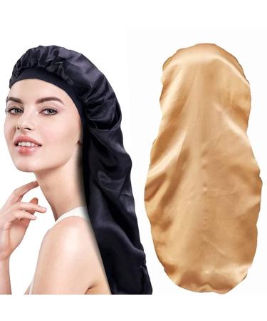 Satin Bonnet for Women Long Hair  2 Pcs Braid Bonnet for Sleeping Extra Long  Soft Silk Bonnet for Curly Hair  Big Satin Hair Bonnets for Women (Black  Golden)