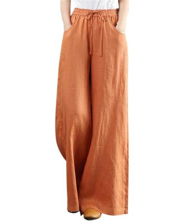 Kaniem Summer High Waist Cotton Linen Wide Leg Pants 2023 | Casual Flowy Elastic Waist Palazzo Pants | Loose Fit Orange - X-Large - Buy Online on SooperMarket.com