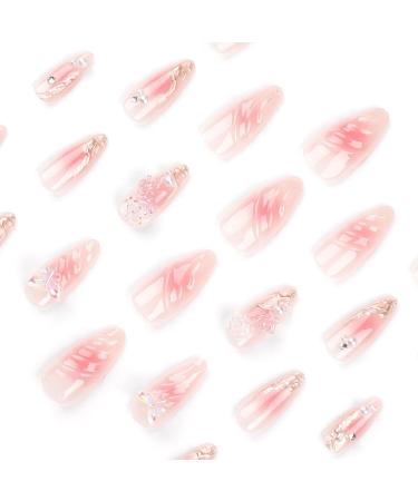 RikView Medium Press on Nails - Pink Almond Nails with 3D Flowers & Butterflies | Glossy Finish | 24 PCs Set - Buy Online on SooperMarket.com