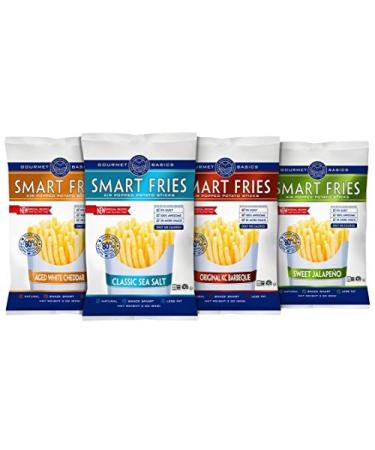 Gourmet Basics Smart Fries Air Popped Potato Fries French Fries Potato Sticks Individual Bags Fry Chips Family Size Low Calorie Chips Non-GMO Gluten Free Kosher - 1 oz Bags (Pack of 24) White Cheddar Sea Salt Jalapeno BBQ 4- Flavor Variety Pack