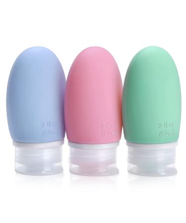 OPRET 3 pieces silicone travel bottles set 60ml leakproof refillable portable travel container for shampoo cream rinse bpa-free and TSA-tested 3 pieces blue green pink