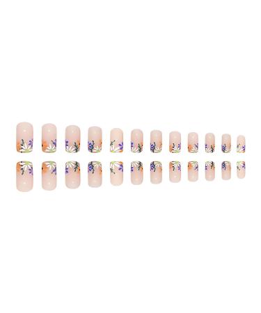 Square Press on Fake Nails 24Pcs Nude Glossy Flower Design - Full Cover Stick on Nails for Women & Girls - Buy Online on SooperMarket.com