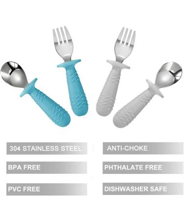 PandaEar 4 Set Baby Toddler Silicone Stainless Steel Utensils Silverware Spoon Fork - BPA Free, Anti-Choke Design (Blue&Grey) - Buy Online on SooperMarket.com