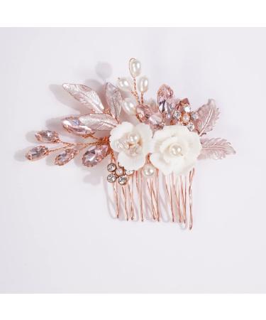 Missgrace Bride Wedding Crystal Pearl Leaf Rhinestones Hair Comb - Rose Gold Pink - Buy Online on SooperMarket.com