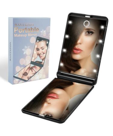Rantizon Portable Makeup Mirror Dimmable 8 LEDs Lighted Mirror 1X & 2X Magnification Cosmetic Illuminated Handbag Mirror FoldablePocket Mirror Compact Mirror Black