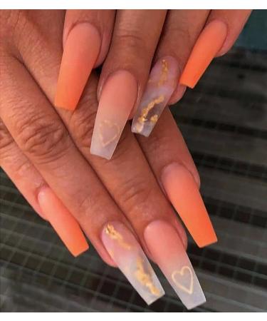 Brishow nails to stick with heart long artificial nails orange press on nails ballerina acrylic fingernail 24PCs for women and girls