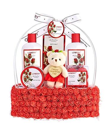 Birthday Gifts for Her Spa Gift Basket for Women Red Rose Bath and Body in Floral Handmade Basket - Bubble Bath Body Butter Salts Shower Gel Flower Soaps Teddy Bear for Mom