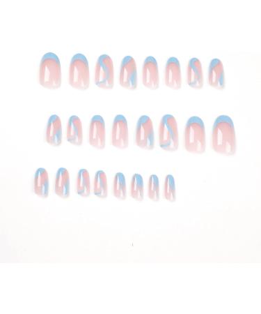 Wavy Almond Sky Blue French Press On Nails - 24 Pcs Short False Nails with Nail Glue for Women | Striped Fake Nails for Nail Art - Buy Online on SooperMarket.com