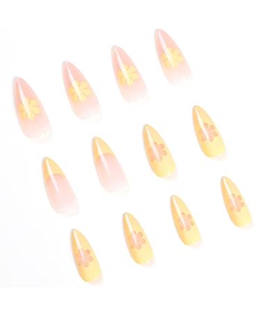 Luvadeyo 24 PCs Press on Nails - Medium Almond Yellow Flower Fake Nails with Glue for Women & Girls - Buy Online on SooperMarket.com