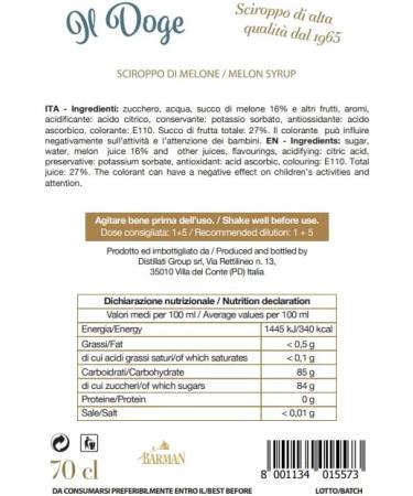BARMAN IL DOGE Melon Syrup 70cl - Buy Online on SooperMarket.com