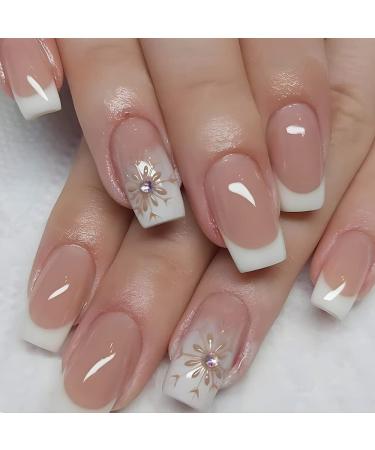 Diduikalor 24 Pcs Press on Nails Medium White French Fake Nails Square Acrylic False Pink Nails Artificial Rhinestone Nails for Women and Girls DIY Nail Manicure MT-JZJ-QXJ-DZ162