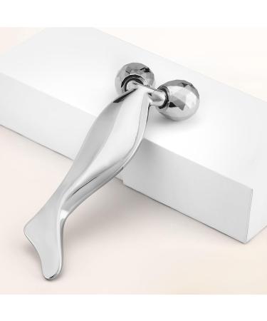 3D Metal Face Roller & Gua Sha - Anti-Aging Face Massager for Puffiness Relief | V-Shaped Skin Care Tool in Silver - Buy Online on SooperMarket.com