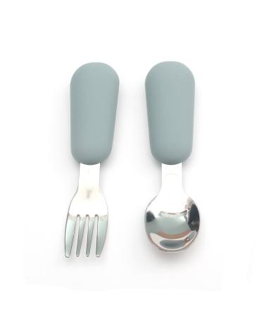 Alimos Stainless Steel Toddler Feeding Spoon and Fork Set with Round Handle for Feeding Children's Safe Cutlery Kids Utensils (Navy Blue)
