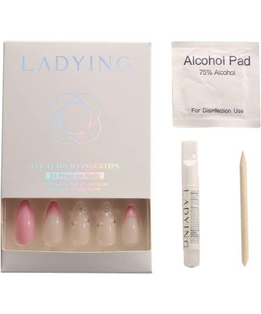 LADYING 24 Pcs Almond Fake Nails Short Peach Pink with White Flower Designs - French False Nails Set for Women - Buy Online on SooperMarket.com