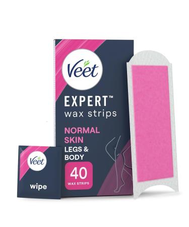 Veet Expert Cold Wax Strips Hair Removal Legs & Body Normal Skin 40 Strips each 4 Finish Wipes with Shea Butter 44 Piece Set