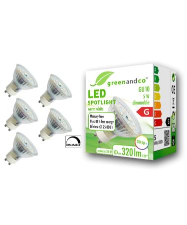 Greenandco 5x CRI 90+ GU10 LED spot dimmable 5W 320 LM 110 3000K warm white 230V flicker -free 2 year guarantee 5W 3000K 110 dimmable 5 pieces (1 Pack)
