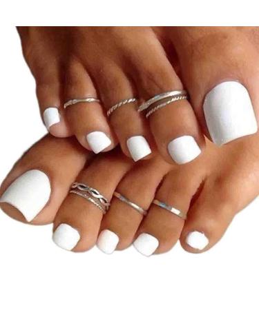 White Press on Toenails Acrylic Square Fake Toenails Stick on Toenails French Tip White Coffin False Artificial Toe Nail Cute Toe Nails Short Square Toenails for Big Toe Nails for Women 24 Pcs Pure White