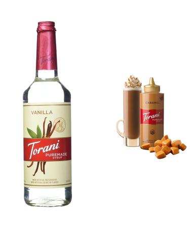 Torani Puremade Vanilla Flavour Syrup 750ml & Caramel Squeeze Sauce 16.5 Fluid Ounce Syrup + Squeeze Sauce 750 ml (Pack of 1)