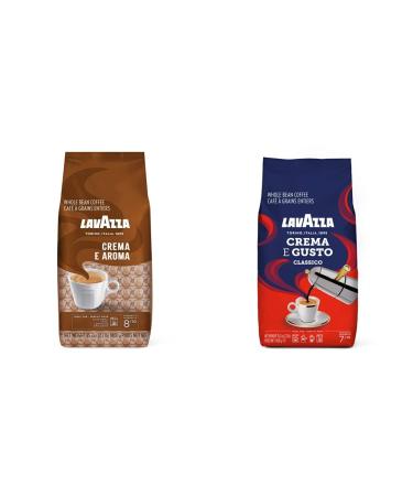 Lavazza Espresso Crema E Aroma Beans 1000gm & Lavazza Crema E Gusto Whole Bean Coffee 1 kg Bag Authentic Italian Blended and roasted in Italy Full-bodied creamy dark roast with spices notes Aroma Beans + Whole Bean