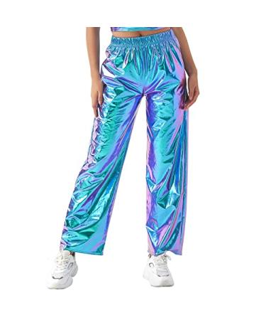ODIZLI Womens Shiny Metallic High Waist Stretchy Jogger Pants Holographic Hip Hop Club Wear Streetwear Laser Blue Large