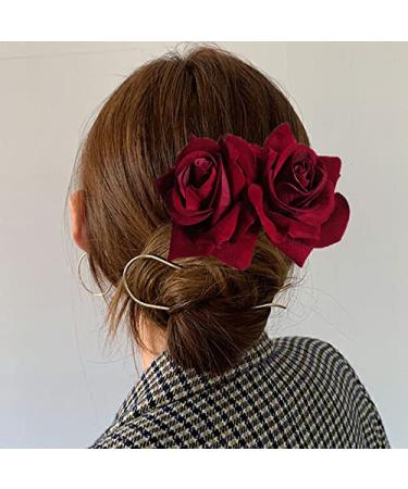 Rose Hair Clip Comb for Women - Burgundy Flower Hairpin for Wedding, Brides, Girls - Dark Red Hair Accessory - Buy Online on SooperMarket.com