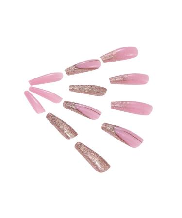 Brishow Long Gold Glitter Press-On Nails - 24 Ballerina Acrylic Pink False Nails for Women & Girls | Premium Quality Artificial Nails - Buy Online on SooperMarket.com