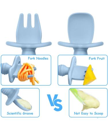 Vicloon Baby Fork and Spoon Set - 4Pcs Silicone Self Feeding Utensil for Easy Grip | Toddler Cutlery Kit for Infant & Children | First Led Training Weaning Spoons - Blue-light Green - Buy Online on SooperMarket.com