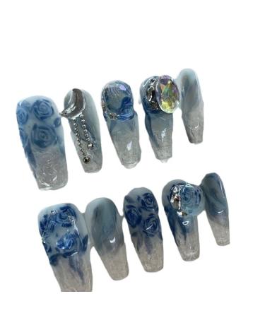 Handmade armor wearing and hand drawn glitter diamond detachable fake nails (Size : S)