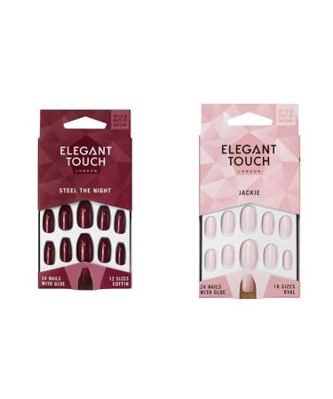 Elegant Touch Colour False Nails Steel the Night Oval Shape (previously known as After Dark) 24 Nails with Glue included & Jackie Oval Shape False Nails With Glue Pack of 24 Variety Pack + False Nails