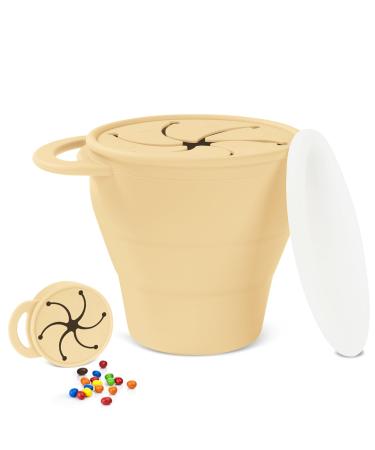 Vicloon Collapsible Silicone Baby Snack Cup Baby Snack Cup Silicone Snack Cup Non Spill Snack Pot for Baby Snack Catcher Food Cup with Lid Snack Pot for Toddler (Beige)