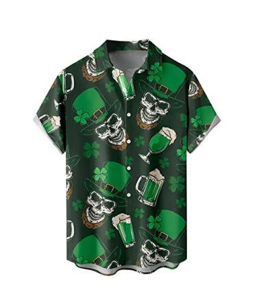 St. Patrick's Day Mens Button Down Shirts Short Sleeve Casual Beach Tops Green Graphic Plus Size Bowling Shirt 08*g Medium