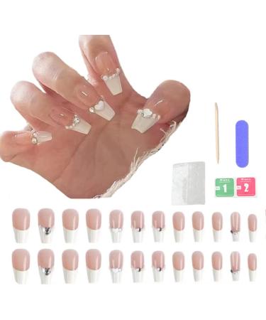 French Tip Press on Nail Long White Rhinestones Stick on Nail False Fake Nails Fake Nail with Glue for Women Girl Nail Art - Buy Online on SooperMarket.com