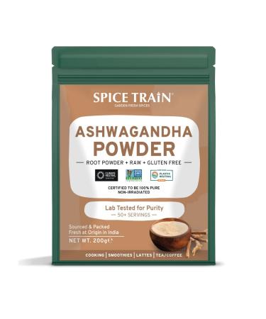 SPICE TRAIN Ashwagandha Powder - Indian Ginseng/Winter Cherry (200g/7oz) Non-GMO Ashwagandha Root Powder | Resealable Zip Lock Pouch Perfect for Cooking Smoothies Lattes & Tea