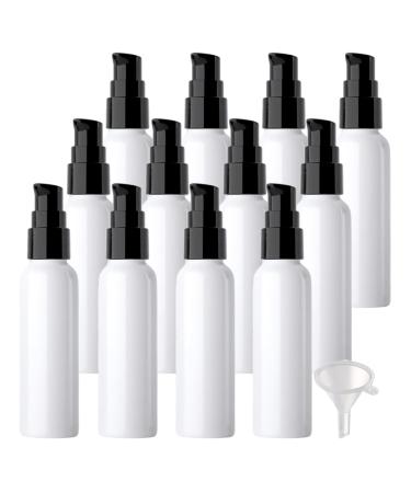 ZEOABSY 12 Pieces 60 ml White Lotion Bottles with Black Pump 60ml Empty PET Plastic Lotion Pump Bottle Cosmetic Gel Travel Container for Cosmetic Make up Cleaning + 2 x Funnel White 60ml