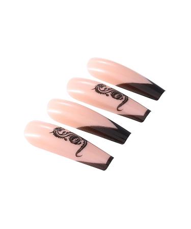 Brishow Pink Long Press-On Nails with Black Dragon French Design | 24-Piece Artificial Nails for Women & Girls - Buy Online on SooperMarket.com