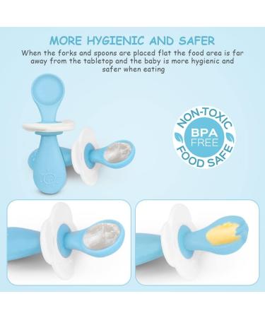 Vicloon Baby Fork and Spoon Set - 2 Pcs Infant Silicone Training Utensils for Baby Led Weaning - Self Feeding Learning Spoons - Blue - Buy Online on SooperMarket.com