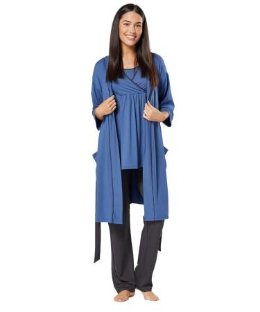 HAPPY MAMA Women's Maternity Nursing 3pcs Nightwear Set: Pants - Top - Robe 558p 8 Blue Jeans & Graphite