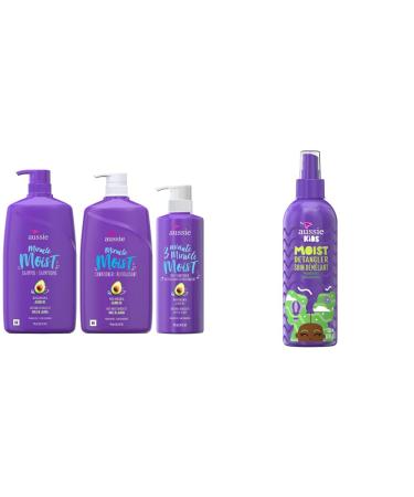 Aussie Miracle Moist Shampoo + 3 Minute Miracle Deep Conditioner Hair Treatment | Kids Moist Detangler (8 fl oz/236 mL) 4 Piece Set