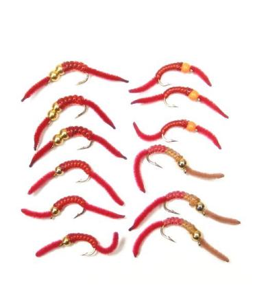 The Fly Fishing Place San Juan Worm Trout Fly Assortment Power Bead Worms 1 Dozen Wet Nymph Fly Fishing Flies - Hook Size 10 - 3 Each of 4 Patterns