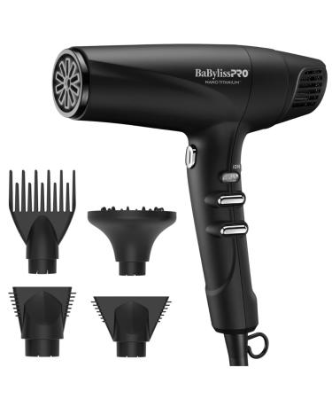 BaBylissPRO Nano Titanium Dual Ionic Lightweight High Speed Hairdryer with 2 Nozzles Diffuser and Straightening pick Black