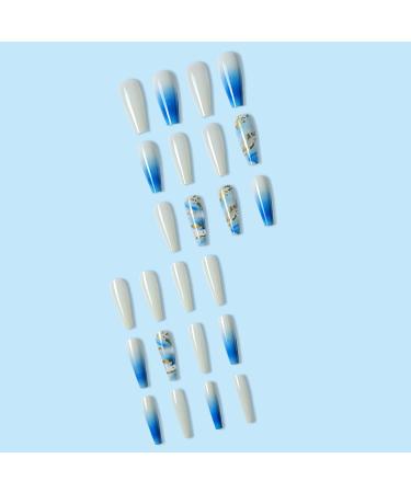 Gradient Blue White Gold Foil Fake Nails - 24Pcs Square Full Cover Long Press-on Nails for Women - Acrylic Glossy False Nails with Designs and Glue-On Technology - Buy Online on SooperMarket.com