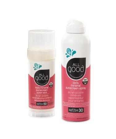 All Good Baby & Kids Mineral Face & Body Sunscreen - UVA/UVB Broad Spectrum  Coral Reef Friendly  Water Resistant  Zinc Oxide - SPF 50 Butter Stick & SPF 30 Spray 2 Piece Set