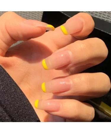 Handcess square artificial nails shiny short for pressing French art yellow/pink for women and girls (24 pieces)