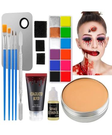 SFX Special Effect Makeup Kit Supplies, DELANCI Professional Halloween Makeup Kit-14pcs with Scar Wax, Coagulated Blood,Brushes,Face Body Paint Oil,Tipple Sponges,Spatula,Fixing Pallet 13pcs