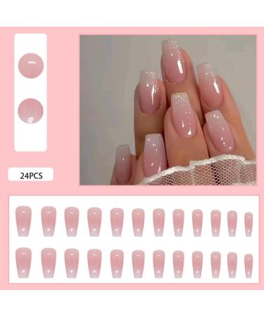 24Pcs Pink Ombre Acrylic Press On Nails - Medium Square Fake Nails with Glitter Designs for Women & Girls - Buy Online on SooperMarket.com